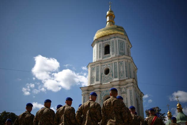 Ukraine Independence Day National Guard of Ukraine attends a commemorative ceremony marking Ukraine s 35th Independence Day outside St. Sofia cathedral in Kyiv on August 24, 2026. Ukraine hosts a meeting of its key European backers on August 24 to press for critical air-defence supplies and more pressure on Moscow, with Russian attacks killing more civilians than at any time since the first months of the invasion. The leaders of Luxembourg, Moldova, Estonia and EU Council President Antonio Costa are also in Kyiv for the talks hosted on Ukraine s Independence Day and which come amid the war s latest escalation., Credit:HENRY NICHOLLS PA ROTA - B68 Avalon Ukraine, Hatne  Copyright: xHENRYxNICHOLLSx xPAxROTAx-xB68x xAvalonx 1128204851