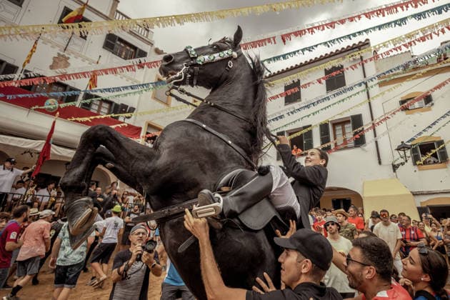 August 24, 2026, Ferreries, Menorca Balearic Islands, Spain: A caixer, or horse rider, rears his horse amid a cheering crowd during the traditional Jaleo at the Sant Bartomeu Festival in Ferreries. Ferreries Spain  - ZUMAo105 20260824_fap_o105_007 Copyright: xMatthiasxOesterlex