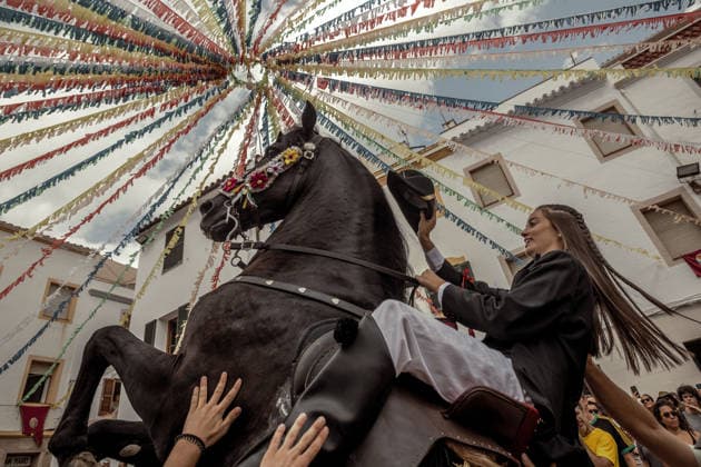 August 24, 2026, Ferreries, Menorca Balearic Islands, Spain: A caixer, or horse rider, rears his horse amid a cheering crowd during the traditional Jaleo at the Sant Bartomeu Festival in Ferreries. Ferreries Spain  - ZUMAo105 20260824_fap_o105_012 Copyright: xMatthiasxOesterlex