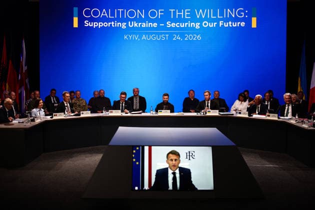 Coalition of the Willing Meeting in Ukraine (From L) Luxembourg s Prime Minister Luc Frieden, Moldova s President Maia Sandu, Finland s President Alexander Stubb, Britain s Prime Minister Andy Burnham, Ukraine s President Volodymyr Zelensky, Ukraine s Prime Minister Sergiy Koretsky, EU Council President Antonio Costa, Lithuania s President Gitanas Nauseda listen to France s President s Emmanuel Macron speaking via video conference during the Coalition of the Willing meeting, in Kyiv on August 24, 2026. The United Kingdom will keep providing defence aid to Ukraine despite Russia s threats, Prime Minister Andy Burnham said on August 24, 2026 on a visit to Kyiv where allies gathered to discuss support. Air defence supplies are due to be the ma  Copyright: xHENRYxNICHOLLSx xPAxROTAx-xB68x xAvalonx 1128227083