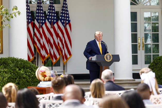 White House Coverage US President Donald Trump delivers remarks during an education event in the Rose Garden of the White House in Washington DC, USA, 24 August 2026. President Trump and Secretary McMahon highlighted the administration’s school choice program as the new academic year begins. WASHINGTON DISTRICT OF COLUMBIA United States  Copyright: xPool ABACAx