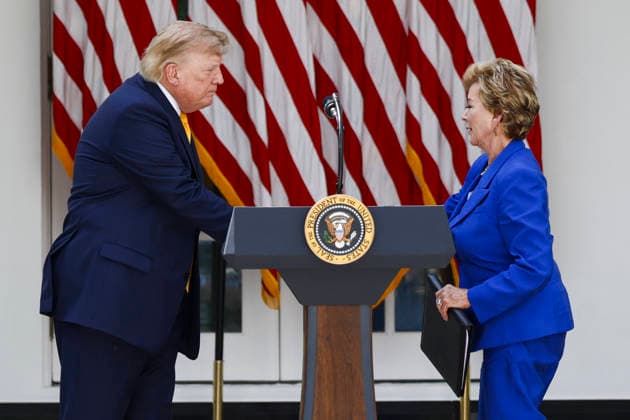White House Coverage US President Donald Trump shakes hands with Secretary of Education Linda McMahon following his remarks during an education event in the Rose Garden of the White House in Washington DC, USA, 24 August 2026. President Trump and Secretary McMahon highlighted the administration’s school choice program as the new academic year begins. WASHINGTON DISTRICT OF COLUMBIA United States  Copyright: xPool ABACAx