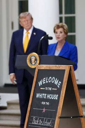 White House Coverage US President Donald Trump listens as Secretary of Education Linda McMahon delivers remarks during an education event in the Rose Garden of the White House in Washington DC, USA, 24 August 2026. President Trump and Secretary McMahon highlighted the administration’s school choice program as the new academic year begins. WASHINGTON DISTRICT OF COLUMBIA United States  Copyright: xPool ABACAx