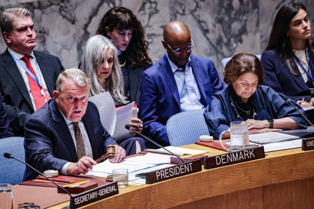 August 24, 2026, New York, New York, United States: LARS LOKKE RASMUSSEN, Minister for Foreign Affairs of Denmark, strikes the gavel while chairing the UN Security Council. Denmark holds the rotating presidency of the Council, with RASMUSSEN chairing meetings on Sudan and Ukraine, the latter held on UkraineÃ¢â‚¬â ¢s Independence Day. New York United States - ZUMAo116 20260824_znp_o116_005 Copyright: xBiancaxOterox