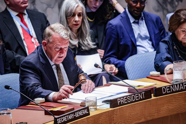 August 24, 2026, New York, New York, United States: LARS LOKKE RASMUSSEN, Minister for Foreign Affairs of Denmark, strikes the gavel while chairing the UN Security Council. Denmark holds the rotating presidency of the Council, with RASMUSSEN chairing meetings on Sudan and Ukraine, the latter held on UkraineÃ¢â‚¬â ¢s Independence Day. New York United States - ZUMAo116 20260824_znp_o116_006 Copyright: xBiancaxOterox