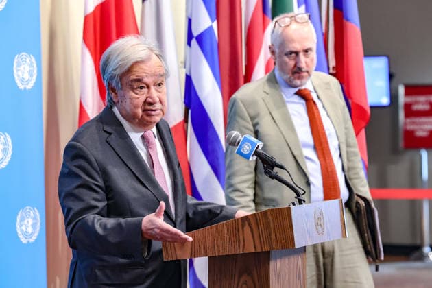 August 24, 2026, New York, New York, United States: ANTONIO GUTERRES, Secretary-General of the United Nations, speaks at the Security Council stakeout on efforts to uphold navigational rights and freedoms. GUTERRES outlined a UN-developed confidence-building mechanism aimed at supporting more orderly and predictable transit through the Strait of Hormuz, initially focusing on fertilisers and related raw materials, amid disruptions to major maritime trade routes and growing pressure on global food and energy supplies. New York United States - ZUMAo116 20260824_znp_o116_012 Copyright: xBiancaxOterox