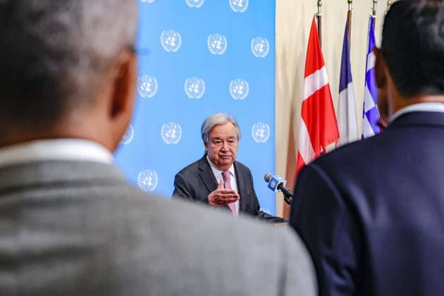 August 24, 2026, New York, New York, United States: ANTONIO GUTERRES, Secretary-General of the United Nations, speaks at the Security Council stakeout on efforts to uphold navigational rights and freedoms. GUTERRES outlined a UN-developed confidence-building mechanism aimed at supporting more orderly and predictable transit through the Strait of Hormuz, initially focusing on fertilisers and related raw materials, amid disruptions to major maritime trade routes and growing pressure on global food and energy supplies. New York United States - ZUMAo116 20260824_znp_o116_013 Copyright: xBiancaxOterox