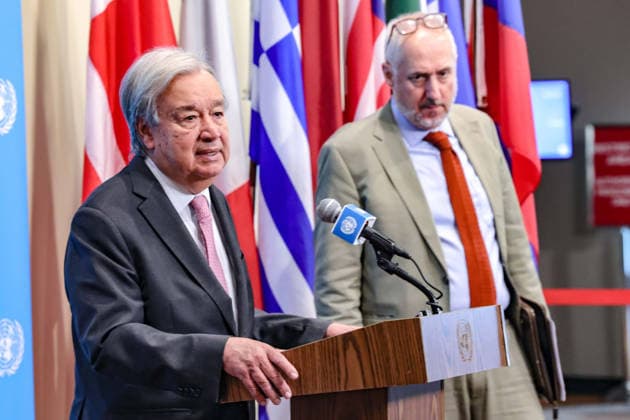 August 24, 2026, New York, New York, United States: ANTONIO GUTERRES, Secretary-General of the United Nations, speaks at the Security Council stakeout on efforts to uphold navigational rights and freedoms. GUTERRES outlined a UN-developed confidence-building mechanism aimed at supporting more orderly and predictable transit through the Strait of Hormuz, initially focusing on fertilisers and related raw materials, amid disruptions to major maritime trade routes and growing pressure on global food and energy supplies. New York United States  - ZUMAo116 20260824_znp_o116_015 Copyright: xBiancaxOterox