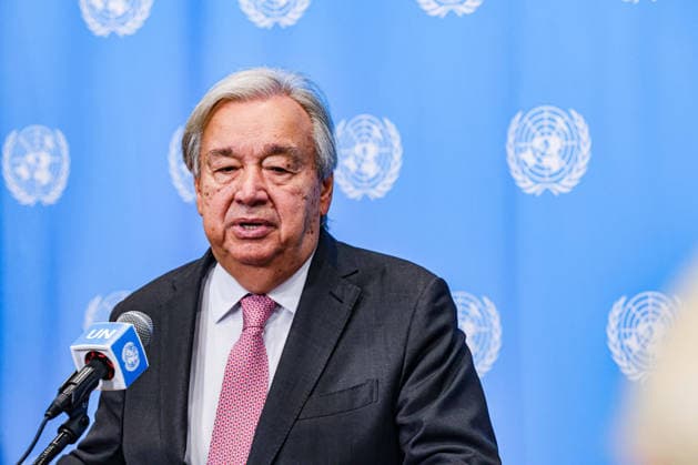 August 24, 2026, New York, New York, United States: ANTONIO GUTERRES, Secretary-General of the United Nations, speaks at the Security Council stakeout on efforts to uphold navigational rights and freedoms. GUTERRES outlined a UN-developed confidence-building mechanism aimed at supporting more orderly and predictable transit through the Strait of Hormuz, initially focusing on fertilisers and related raw materials, amid disruptions to major maritime trade routes and growing pressure on global food and energy supplies. New York United States  - ZUMAo116 20260824_znp_o116_017 Copyright: xBiancaxOterox