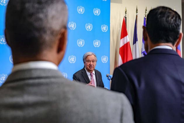 August 24, 2026, New York, New York, United States: ANTONIO GUTERRES, Secretary-General of the United Nations, speaks at the Security Council stakeout on efforts to uphold navigational rights and freedoms. GUTERRES outlined a UN-developed confidence-building mechanism aimed at supporting more orderly and predictable transit through the Strait of Hormuz, initially focusing on fertilisers and related raw materials, amid disruptions to major maritime trade routes and growing pressure on global food and energy supplies. New York United States - ZUMAo116 20260824_znp_o116_016 Copyright: xBiancaxOterox
