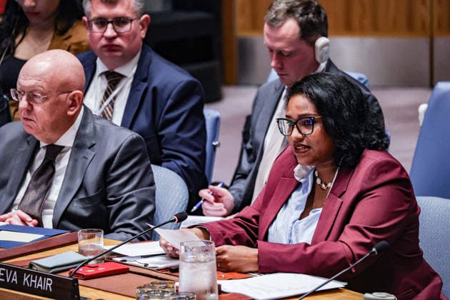 August 24, 2026, New York, New York, United States: DR. EVA KHAIR, Health, Protection and Peacebuilding Advisor, briefs the Security Council on the situation in Sudan, addressing the impact of the continuing conflict on civilians, communities and essential services, as well as protection and peacebuilding concerns. New York United States  - ZUMAo116 20260824_znp_o116_022 Copyright: xBiancaxOterox