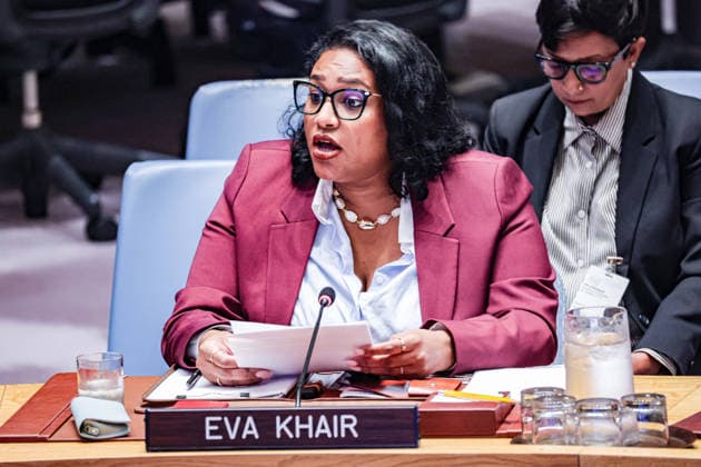 August 24, 2026, New York, New York, United States: DR. EVA KHAIR, Health, Protection and Peacebuilding Advisor, briefs the Security Council on the situation in Sudan, addressing the impact of the continuing conflict on civilians, communities and essential services, as well as protection and peacebuilding concerns. New York United States  - ZUMAo116 20260824_znp_o116_024 Copyright: xBiancaxOterox