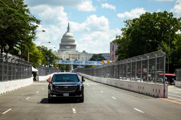 August 24, 2026, Washington, Dc, United States: U.S. President Donald Trump and First Lady Melania Trump take a ceremonial lap on the track in the presidential limousine known as Ã¢â‚¬oeThe BeastÃ¢â‚¬Â, before the start of the Freedom 250 Grand Prix Race, August 23, 2026 in Washington, D.C. Washington United States - ZUMAp138 20260824_zaa_p138_020 Copyright: xDanielxTorok WhitexHousex