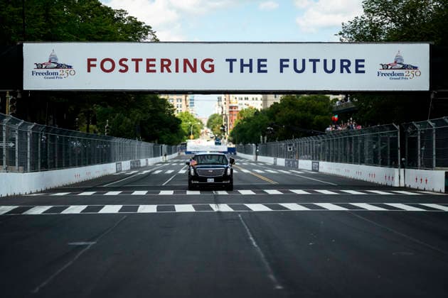 August 24, 2026, Washington, Dc, United States: U.S. President Donald Trump and First Lady Melania Trump take a ceremonial lap on the track in the presidential limousine known as Ã¢â‚¬oeThe BeastÃ¢â‚¬Â, before the start of the Freedom 250 Grand Prix Race, August 23, 2026 in Washington, D.C. Washington United States - ZUMAp138 20260824_zaa_p138_024 Copyright: xDanielxTorok WhitexHousex