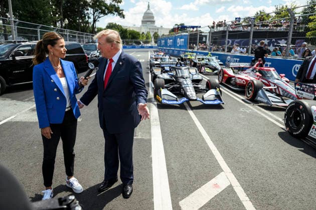 August 24, 2026, Washington, Dc, United States: U.S. President Donald Trump, is interviewed by Fox Sports Commentator Jamie Little, left, before the start of the Freedom 250 Grand Prix Race, August 23, 2026 in Washington, D.C. Washington United States - ZUMAp138 20260824_zaa_p138_031 Copyright: xDanielxTorok WhitexHousex