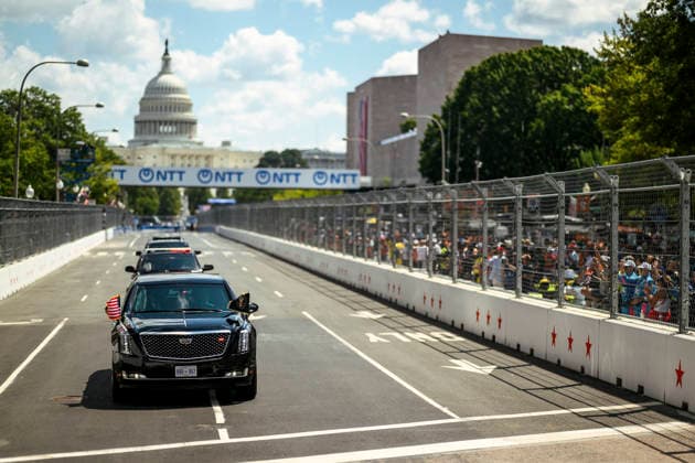August 24, 2026, Washington, Dc, United States: U.S. President Donald Trump and First Lady Melania Trump take a ceremonial lap on the track in the presidential limousine known as Ã¢â‚¬oeThe BeastÃ¢â‚¬Â, before the start of the Freedom 250 Grand Prix Race, August 23, 2026 in Washington, D.C. Washington United States - ZUMAp138 20260824_zaa_p138_038 Copyright: xDanielxTorok WhitexHousex