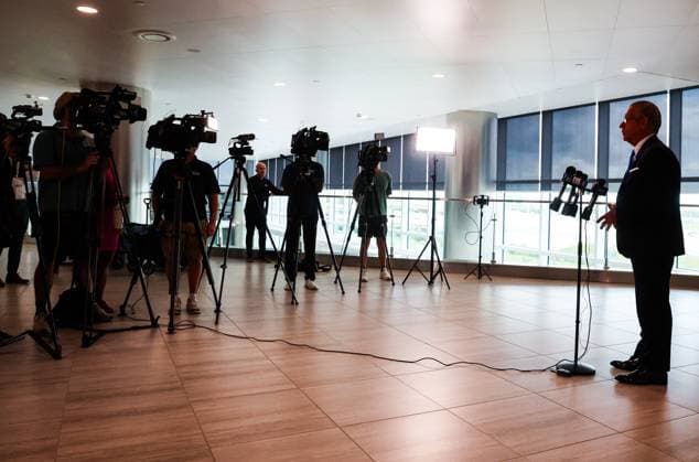 August 24, 2026, Tampa, Florida, USA: Tampa International Airport Chief Operating Officer John Tiliacos answers questions from reporters during a new conference at SkyCenter One at the airport on Monday, Aug. 24, 2026 in Tampa. Tampa International announced it s not privatizing its security on Monday. Tampa USA - ZUMAs70_ 20260824_zan_s70_002 Copyright: xDirkxShaddx