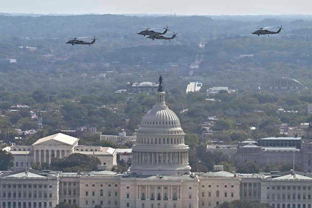 August 24, 2026, Washington, Dc, United States: U.S. Navy Sikorsky SH-60 Seahawk helicopters perform a fly-over past the U.S Capitol Building before the start of the Freedom 250 Grand Prix Race, August 23, 2026 in Washington, D.C. Washington United States - ZUMAp138 20260824_zaa_p138_046 Copyright: xU.SxAirxForcex Usafx