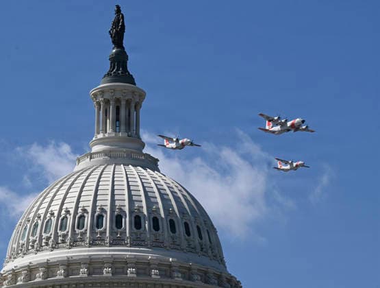 August 24, 2026, Washington, Dc, United States: U.S. Coast Guard C-130, C-144 and a C-27 transport aircraft perform a fly-over past the U.S Capitol Building before the start of the Freedom 250 Grand Prix Race, August 23, 2026 in Washington, D.C. Washington United States - ZUMAp138 20260824_zaa_p138_047 Copyright: xAndyxMorataya Usafx