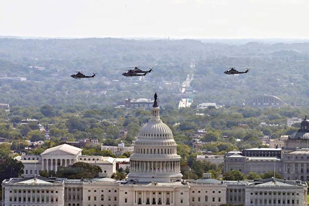August 24, 2026, Washington, Dc, United States: U.S. Marine Corps Bell AH-1Z Viper attack helicopters perform a fly-over past the U.S Capitol Building before the start of the Freedom 250 Grand Prix Race, August 23, 2026 in Washington, D.C. Washington United States - ZUMAp138 20260824_zaa_p138_050 Copyright: xU.SxAirxForcex Usafx