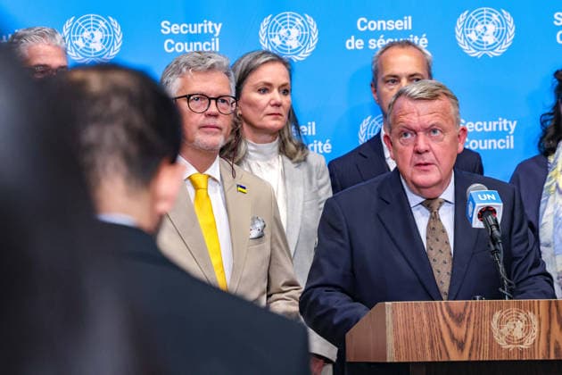 August 24, 2026, New York, New York, United States: LARS LOKKE RASMUSSEN, Minister for Foreign Affairs of Denmark and President of the Security Council for August, speaks at a joint Security Council media stakeout on Ukraine, with ANDRII MELNYK, Permanent Representative of Ukraine to the United Nations, beside him. Representatives of numerous Member States gathered for the statement ahead of the Security Council meeting held on UkraineÃ¢â‚¬â ¢s Independence Day. New York United States - ZUMAo116 20260824_znp_o116_050 Copyright: xBiancaxOterox