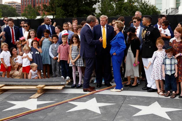 Trump Remarks at a School Choice Event at the White House United States President Donald J Trump speaks with Governor Jim Pillen (Republican of Nebraska) (C-L) and US Secretary of Education Linda McMahon (C-R) at the construction site of a helipad on the South Lawn of the White House in Washington DC, USA, 24 August 2026. President Trump invited families and children of back-to-school event which he was hosting in the Rose Garden, to view the construction. Credit: Will Oliver Pool via CNP Washington District of Columbia United States of America EDITORIAL USE ONLY Copyright: xx WH-2408-007-6513885 WillxOliverx-xPoolxviaxCNPx cnpphotos339675