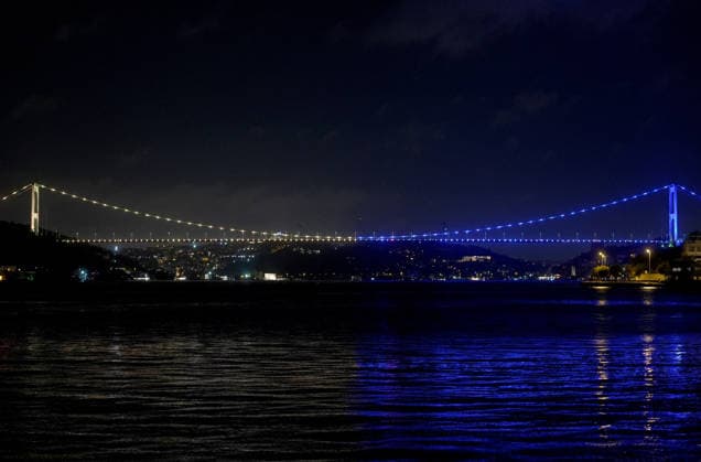 Fatih Sultan Mehmet Bridge illuminated in Ukrainian flag colors in Istanbul ISTANBUL, TURKIYE - AUGUST 25: The Fatih Sultan Mehmet Bridge spanning the Bosphorus Strait is illuminated in blue and yellow, the colors of the Ukrainian national flag, to mark the 35th Independence Day of Ukraine in Istanbul, Turkiye, on August 25, 2026. Islam Yakut Anadolu Istanbul Turkey. Editorial use only. Please get in touch for any other usage.  Copyright: x2026xAnadoluxIslamxYakutx