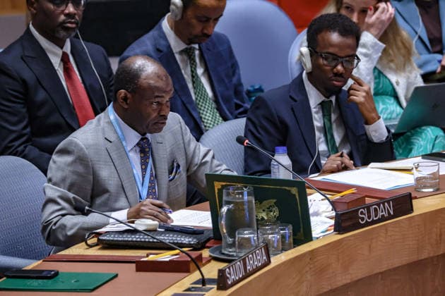 August 24, 2026, New York, New York, United States: AL-HARITH IDRISS AL-HARITH MOHAMED, Permanent Representative of Sudan to the United Nations, addresses the Security Council during a meeting on Sudan. IDRISS rejected proposals to expand the Darfur arms embargo across the country, arguing that broader measures would undermine SudanÃ¢â‚¬â ¢s sovereignty and weaken the national army, while calling instead for stronger enforcement against external arms supplies. New York United States - ZUMAo116 20260824_znp_o116_088 Copyright: xBiancaxOterox