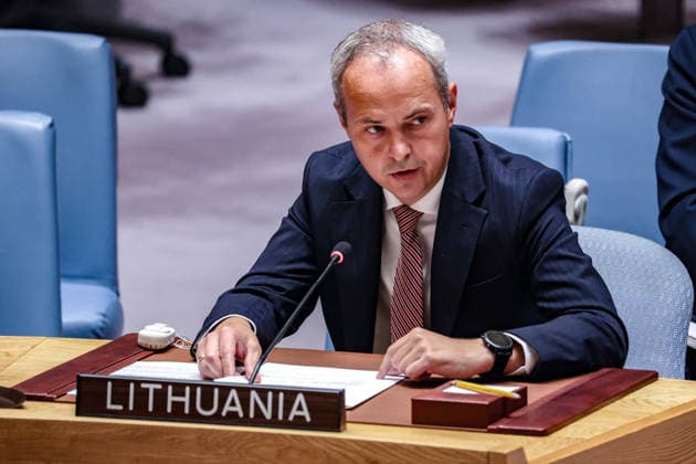 August 24, 2026, New York, New York, United States: JULIUS PRANEVICIUS, Permanent Representative of Lithuania to the United Nations, addresses the Security Council during a meeting on Ukraine held on UkraineÃ¢â‚¬â ¢s Independence Day, reiterating Baltic support for Ukraine and calling for an end to RussiaÃ¢â‚¬â ¢s continuing attacks and a peace consistent with the UN Charter. New York United States - ZUMAo116 20260824_znp_o116_097 Copyright: xBiancaxOterox