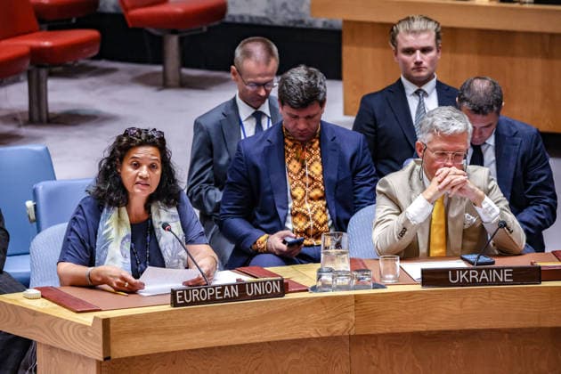 August 24, 2026, New York, New York, United States: HEDDA SAMSON, Deputy Head of the Delegation of the European Union to the United Nations and Chargee dÃ¢â‚¬â ¢Affaires a.i., addresses the Security Council during a meeting on Ukraine held on UkraineÃ¢â‚¬â ¢s Independence Day. Speaking on behalf of the EU and its Member States, SAMSON reaffirmed support for UkraineÃ¢â‚¬â ¢s sovereignty and territorial integrity and called for a just and lasting peace based on the UN Charter. New York United States - ZUMAo116 20260824_znp_o116_100 Copyright: xBiancaxOterox