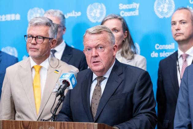August 24, 2026, New York, New York, USA: Lars Lokke Rasmussen, Minister for Foreign Affairs of Denmark delivered statement on behalf of more than 50 countries condemning Russia for war against Ukraine and requesting immediate unconditional ceasefire on the Ukrainian Independence Day and ahead of Security Council meeting on Maintenance of peace and security of Ukraine at UN Headquarters in New York, NY on August 24, 2026. New York USA - ZUMAr339 20260824_znp_r339_036 Copyright: xLevxRadinx