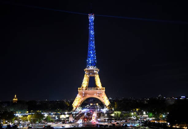 Eiffel Tower Illuminated For Ukraine Independence Day - Paris Illumination ceremony of the Eiffel Tower on the occasion of the Ukrainian national holiday, symbol of the proclamation of its independence in Paris, France on August 24, 2026. Photo by Alain Apaydin ABACAPRESS Paris France  Copyright: xApaydinxAlain ABACAx