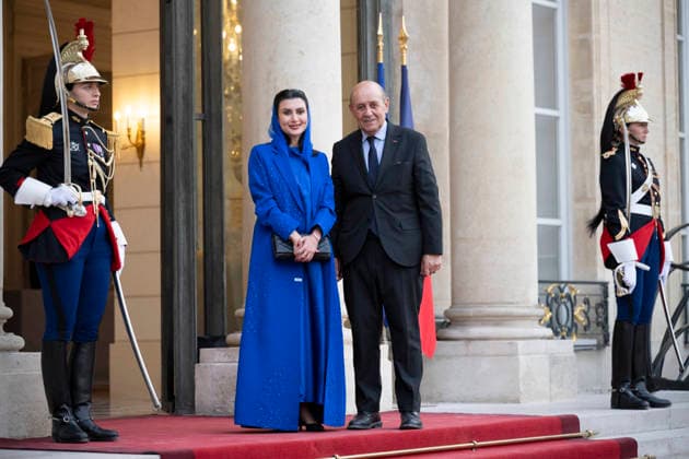 President Macron Welcomes Saudi Crown Prince Mbs For An Official Dinner - Paris Former French foreign minister Jean-Yves Le Drian (L) and Royal Commission for AlUla CEO Abeer M. AlAkel arrives to attend an official dinner in honour of Saudi Crown Prince Mohammed bin Salman at the Elysee Palace in Paris, France, August 24, 2026. Photo by Eliot Blondet ABACAPRESS.COM Paris France France  Copyright: xBlondetxEliot ABACAx