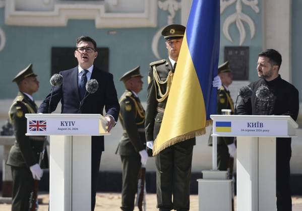 Ukraine s 35th Independence Day British Prime Minister Andy Burnham (L) delivers a speech at a ceremony to celebrate the 35th anniversary of Ukraine s independence alongside Ukraine President Volodymyr Zelenskyy (R) in Kyiv on Aug. 24, 2026.  A14AA0005626590P