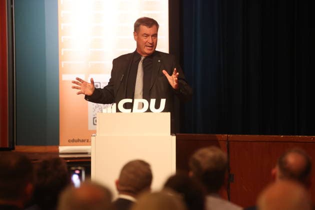 Bayerns Ministerpräsident Markus Söder bei einer Wahlkampfveranstaltung im HKK Hotel. Wernigerode, 24.08.2026 *** Bavaria s Minister-President Markus Söder at a campaign event at the HKK Hotel in Wernigerode, August 24, 2026 Copyright: xAgenturxMatthiasxWehnertx xM.xGränzdörferx