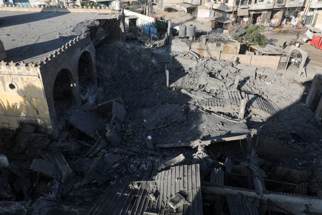 Abu Salim Mosque severely damaged in Israeli airstrike in Deir al-Balah DEIR AL-BALAH, GAZA, PALESTINE - AUGUST 25: General view of the severe destruction at the Abu Salim Mosque and surrounding neighborhood following an Israeli airstrike carried out despite the ceasefire in Deir al-Balah, in the central Gaza Strip, Palestine on August 25, 2026. The strike caused widespread collapse, reduced parts of the religious building to rubble, and damaged nearby residential structures and streets across the area. Moiz Salhi Anadolu Deir al-Balah Gaza. Editorial use only. Please get in touch for any other usage.  Copyright: x2026xAnadoluxMoizxSalhix