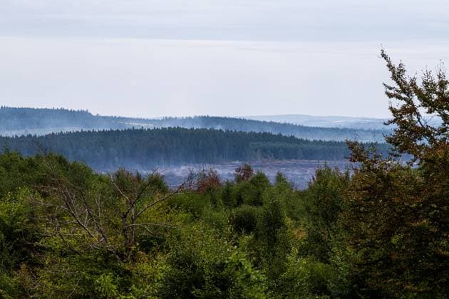 a visit at the Botrange panorama deck, in Waimes, on Tuesday 25 August 2026. European commissionner Lahbib visit several sites regarding the fire in the Hautes Fagnes (Hugh Fens) wich started on August 14th with 3000 hectares (on a total of 4500) impacted in the nature reserve.  EMILExWINDAL 184229187