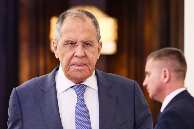RUSSIA, MOSCOW - AUGUST 25, 2026: Russia s Foreign Minister Sergei Lavrov (L) arrives for a meeting with Archbishop Paul Richard Gallagher, Vatican s Secretary for Relations with States, at the Reception House of the Russian Foreign Ministry. Sergei Bulkin TASS  96625796