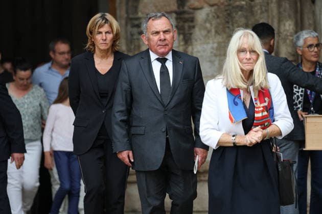Francois Patriat Funeral - Semur-en-Auxois Frederique Puissat , Francis Szpiner during the funeral of French senator and former minister François Patriat at the Collégiale Notre-Dame in his birth town of Semur-en-Auxois, Côte-d’Or, France on August 25, 2026. Patriat, former Socialist ,was the group leader of Macron s party in the Senate. He died at 83 following a serious cycling accident. Photo by Raphael Lafargue ABACAPRESS.COM Semur-en-Auxois France  Copyright: xLafarguexRaphael ABACAx