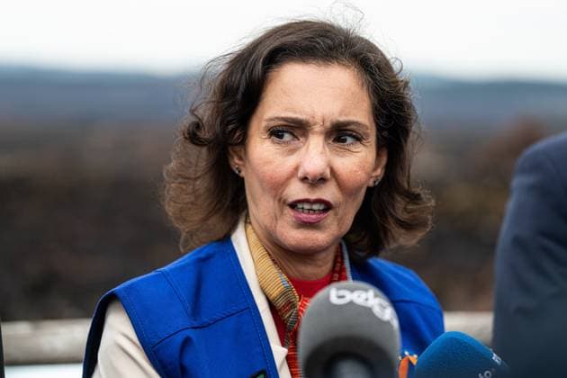 EU Commissioner for Equality, Preparedness and Crisis Management Hadja Lahbib pictured at a visit at the Botrange panorama deck, in Waimes, on Tuesday 25 August 2026. European commissionner Lahbib visit several sites regarding the fire in the Hautes Fagnes (Hugh Fens) wich started on August 14th with 3000 hectares (on a total of 4500) impacted in the nature reserve.  EMILExWINDAL 184244530