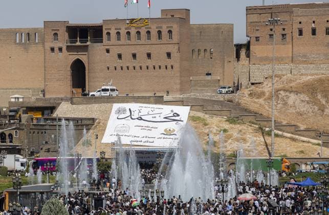 Iraqis gather in Erbil to mark Mawlid al-Nabi ERBIL, IRAQ - AUGUST 25: People gather in decorated streets and shop at the historic Qaysari Bazaar near the Erbil Citadel during Mawlid al-Nabi celebrations in Erbil, Iraq, on August 25, 2026. Marking the birth anniversary of Prophet Muhammad, streets and public squares across the city were adorned with lights and banners as residents and visitors visited local markets to shop and buy traditional sweets. Ahsan Mohammed Ahmed Ahmed Anadolu Erbil Iraq. Editorial use only. Please get in touch for any other usage.  Copyright: x2026xAnadoluxAhsanxMohammedxAhmedxAhmedx