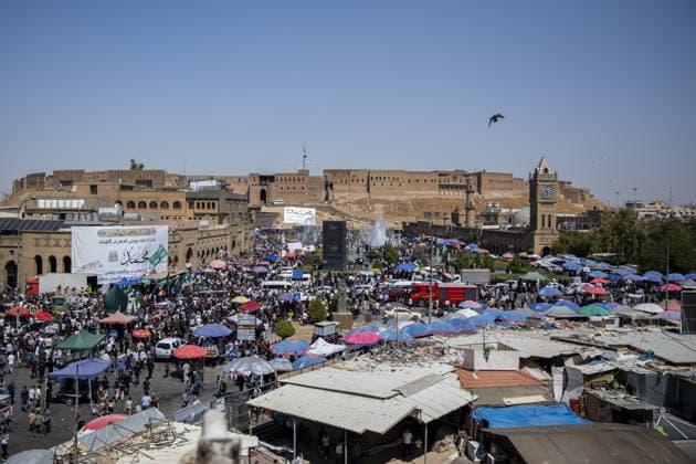 Iraqis gather in Erbil to mark Mawlid al-Nabi ERBIL, IRAQ - AUGUST 25: People gather in decorated streets and shop at the historic Qaysari Bazaar near the Erbil Citadel during Mawlid al-Nabi celebrations in Erbil, Iraq, on August 25, 2026. Marking the birth anniversary of Prophet Muhammad, streets and public squares across the city were adorned with lights and banners as residents and visitors visited local markets to shop and buy traditional sweets. Ahsan Mohammed Ahmed Ahmed Anadolu Erbil Iraq. Editorial use only. Please get in touch for any other usage.  Copyright: x2026xAnadoluxAhsanxMohammedxAhmedxAhmedx