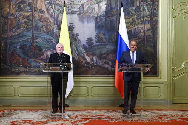 RUSSIA, MOSCOW - AUGUST 25, 2026: Archbishop Paul Richard Gallagher (L), Vatican s Secretary for Relations with States, and Russia s Foreign Minister Sergei Lavrov give a press briefing following their talks at the Reception House of the Russian Foreign Ministry. Sergei Bulkin TASS  96627787