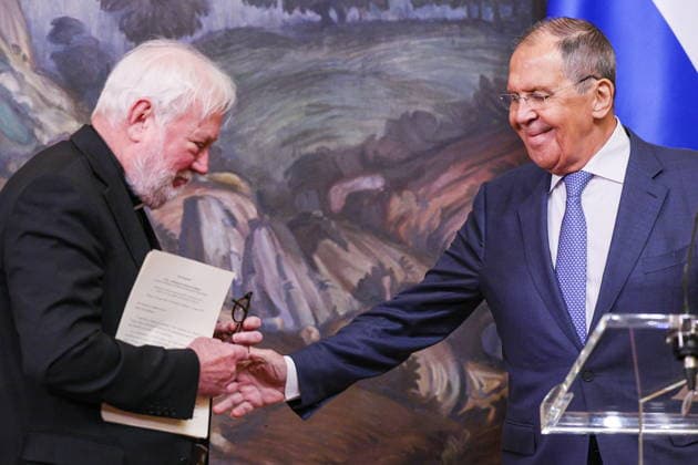 RUSSIA, MOSCOW - AUGUST 25, 2026: Archbishop Paul Richard Gallagher (L), Vatican s Secretary for Relations with States, and Russia s Foreign Minister Sergei Lavrov give a press briefing following their talks at the Reception House of the Russian Foreign Ministry Moscow Russia  - ZUMAt113 20260825_zaa_t113_085 Copyright: xSergeixBulkinx