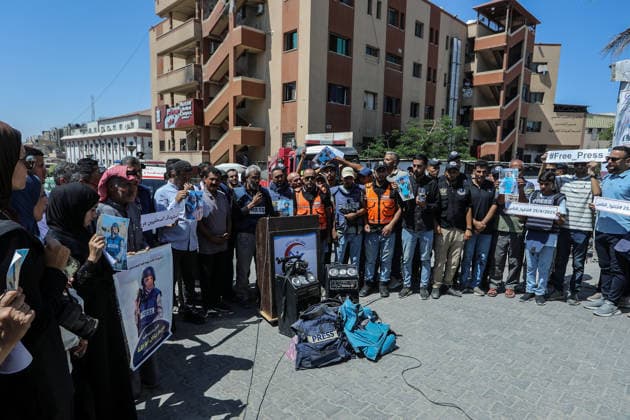 Palestinian journalists in Gaza remember five colleagues killed in Israeli attacks GAZA, PALESTINE - AUGUST 25: Palestinian journalists gather in the courtyard of Nasser Hospital in Khan Younis to commemorate five colleagues killed in Israeli attacks one year earlier, on August 25, 2026 in Khan Yunis, Gaza Palestine. Holding photographs of the slain journalists, participants called for an end to attacks against members of the press and for greater protection for media workers. Abed Rahim Khatib Anadolu Khan Yunis Gaza. Editorial use only. Please get in touch for any other usage.  Copyright: x2026xAnadoluxAbedxRahimxKhatibx