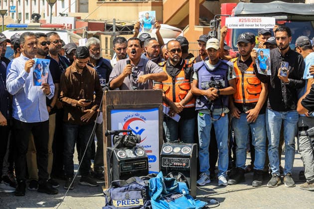 Palestinian journalists in Gaza remember five colleagues killed in Israeli attacks GAZA, PALESTINE - AUGUST 25: Palestinian journalists gather in the courtyard of Nasser Hospital in Khan Younis to commemorate five colleagues killed in Israeli attacks one year earlier, on August 25, 2026 in Khan Yunis, Gaza Palestine. Holding photographs of the slain journalists, participants called for an end to attacks against members of the press and for greater protection for media workers. Abed Rahim Khatib Anadolu Khan Yunis Gaza. Editorial use only. Please get in touch for any other usage.  Copyright: x2026xAnadoluxAbedxRahimxKhatibx