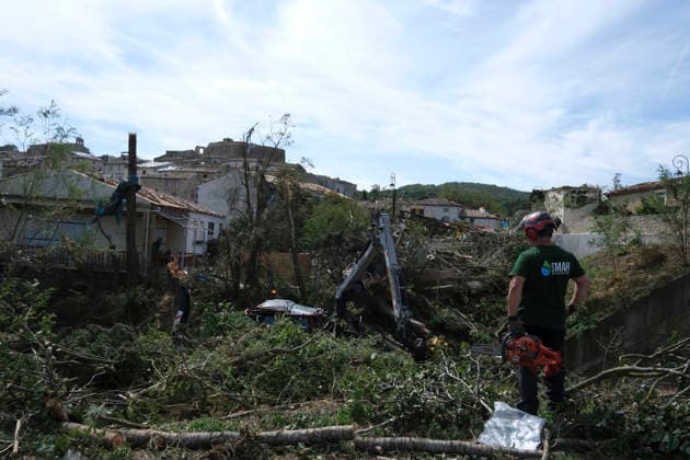 Tornado Aftermath - Pomas Damages are seen following a tornado that struck the Aude department on August 24, 2026, in Pomas, southwestern France on August 25, 2026, as the village takes stock of the destruction with 39 people injured, two of whom are in critical condition, and 300 homes affected according to the prefecture. Photo by Pascal Rodriguez ABACAPRESS.COM Pomas Aude France  Copyright: xRodriguezxPascal ABACAx
