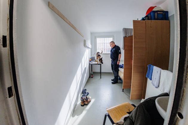25.08.2026. Köln. Hundeführer mit Diensthund Evi bei einer Haftraumkontrolle in der JVA Köln Ossendorf. Abläufe und Maßnahmen zum Auffinden von Betäubungsmitteln und Mobiltelefonen. Köln Justizvollzugsanstalt Köln-Ossendorf Nordrhein-Westfalen Deutschland *** August 25, 2026, Cologne: A K-9 handler with her service dog, Evi, conducting a cell inspection at the Cologne Ossendorf Correctional Facility. Procedures and measures for detecting narcotics and cell phones. Cologne, Cologne Ossendorf Correctional Facility, North Rhine-Westphalia, Germany