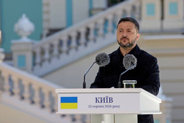 Ukrainian President Volodymyr Zelenskyy attends a joint news conference with Estonian President Alar Karis outside the Mariinskyi Palace following their meeting, Kyiv, Ukraine, August 25, 2026. The leaders discussed security threats, particularly those anticipated in winter, and security cooperation within the Drone Deal framework. As reported, the Estonian President is in Ukraine on his final visit in office. (Photo by Marianna Kotyk Ukrinform) Meeting of Ukrainian, Estonian Presidents in Kyiv  Copyright: xMariannaxKotykx