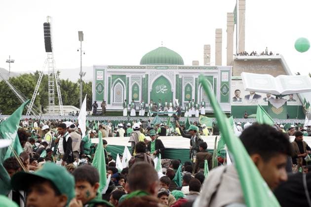 Mawlid al-Nabi in Yemen SANAA, YEMEN - AUGUST 25: Tens of thousands Muslims gathered at Al-Sabeen Square for a celebration marking Mawlid al-Nabi, commemorating the birth of Prophet Muhammad in Sanaa, Yemen on August 25, 2026. Attendees listened to a speech by Houthi leader Abdul-Malik al-Houthi on large screens. Mohammed Hamoud Anadolu Sanaa Yemen. Editorial use only. Please get in touch for any other usage.  Copyright: x2026xAnadoluxMohammedxHamoudx